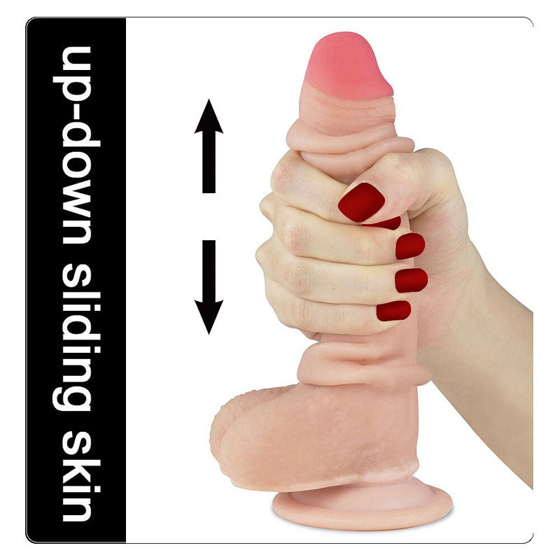 A hand with red nails grips the Sliding Skin Dual Layer Dong - Flesh, showcasing its lifelike feel and up-and-down sliding skin feature. The dual-density technology enhances realism. Black text on the left reads up-down sliding skin with an arrow indicating movement.