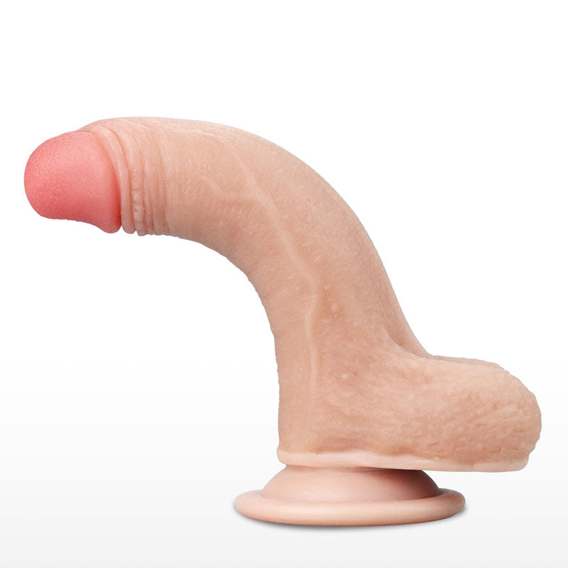 The Sliding Skin Dual Layer Dong - Flesh is a 17.8 cm (7) realistic dildo with a visible scrotum and suction cup base, featuring dual density technology that mimics skin texture with subtle veins and wrinkles. It has a slight curve and pronounced tip for an authentic appearance against a white background.