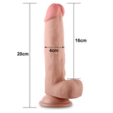 The Sliding Skin Dual Layer Dong - Flesh 20.3 cm offers a lifelike feel with dual density technology, detailed textures, a pronounced head and veins, and a suction cup base. It measures 20cm in total length, 16cm insertable length, and 4cm diameter against a plain white background.