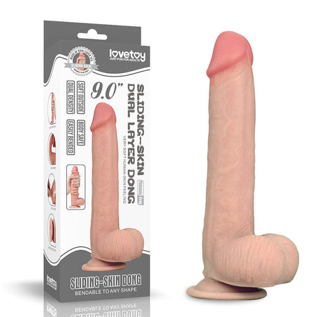 A realistic, skin-toned Sliding Skin Dual Layer Dong (Flesh 23 cm) is shown with its packaging. The box highlights close-up images and emphasizes Sliding-Skin Dual Layer technology and Bendable to Any Shape, with the lovetoy brand displayed prominently at the top.