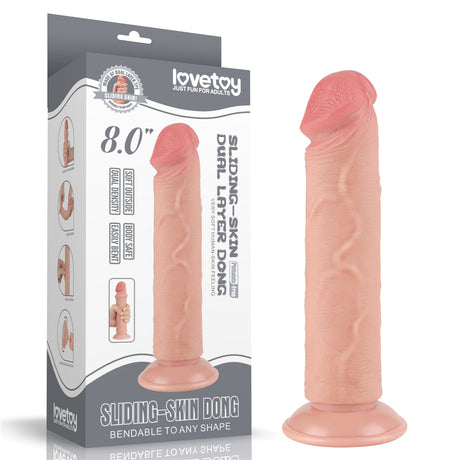 The Lovetoy Sliding Skin Dual Layer Dong is an 8-inch, dual-layered realistic dildo featuring a flesh tone, dual density technology, veined texture, bendability, a suction cup base, and an incredibly life-like feel.