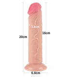 The Sliding Skin Dual Layer Dong - Flesh features dual density technology with a pink tip and textured shaft, measuring 20 cm long, 6.8 cm base circumference, and an insertable length of 18 cm with a max diameter of 3.8 cm. It includes a suction cup at the matching flesh-tone base.