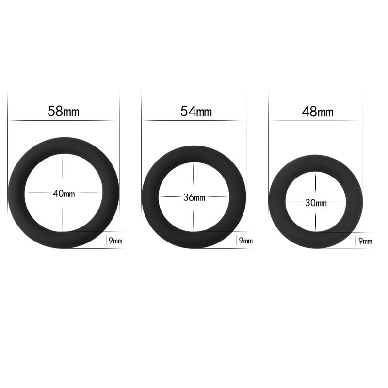 The Power Plus Soft Silicone Snug Ring set features three black cock rings, each with diameters of 40mm within 58mm, 36mm within 54mm, and 30mm within 48mm circles. All rings have a uniform thickness of 9mm.