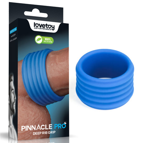 The image features the blue Pinnacle Pro Deep Rib Grip - Cock Ring with circular ridges for a firm grip, showcased on its sleek black packaging displaying Lovetoy and 100% Silicone, alongside a model close-up.