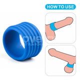 The image shows a blue Pinnacle Pro Deep Rib Grip Cock Ring on the left and usage instructions on the right, with illustrations of it at the penis base and behind testicles. HOW TO USE is at the top. The silicone ribs offer enhanced experience and comfort through a firm grip.