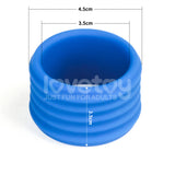 The Pinnacle Pro Deep Rib Grip - Blue Cock Ring has a blue silicone design with 4.5 cm outer diameter, 3.5 cm inner diameter, and 3.5 cm height, featuring Lovetoy and Just Fun for Adults text for a firm grip in enhanced experiences.