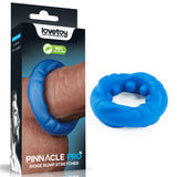 The image features a blue Pinnacle Pro Ridge Bump Stretcher with a wavy texture, alongside packaging that shows an arm wearing the ring and the lovetoy branding. The package claims enhanced stimulation from its 100% premium silicone construction.