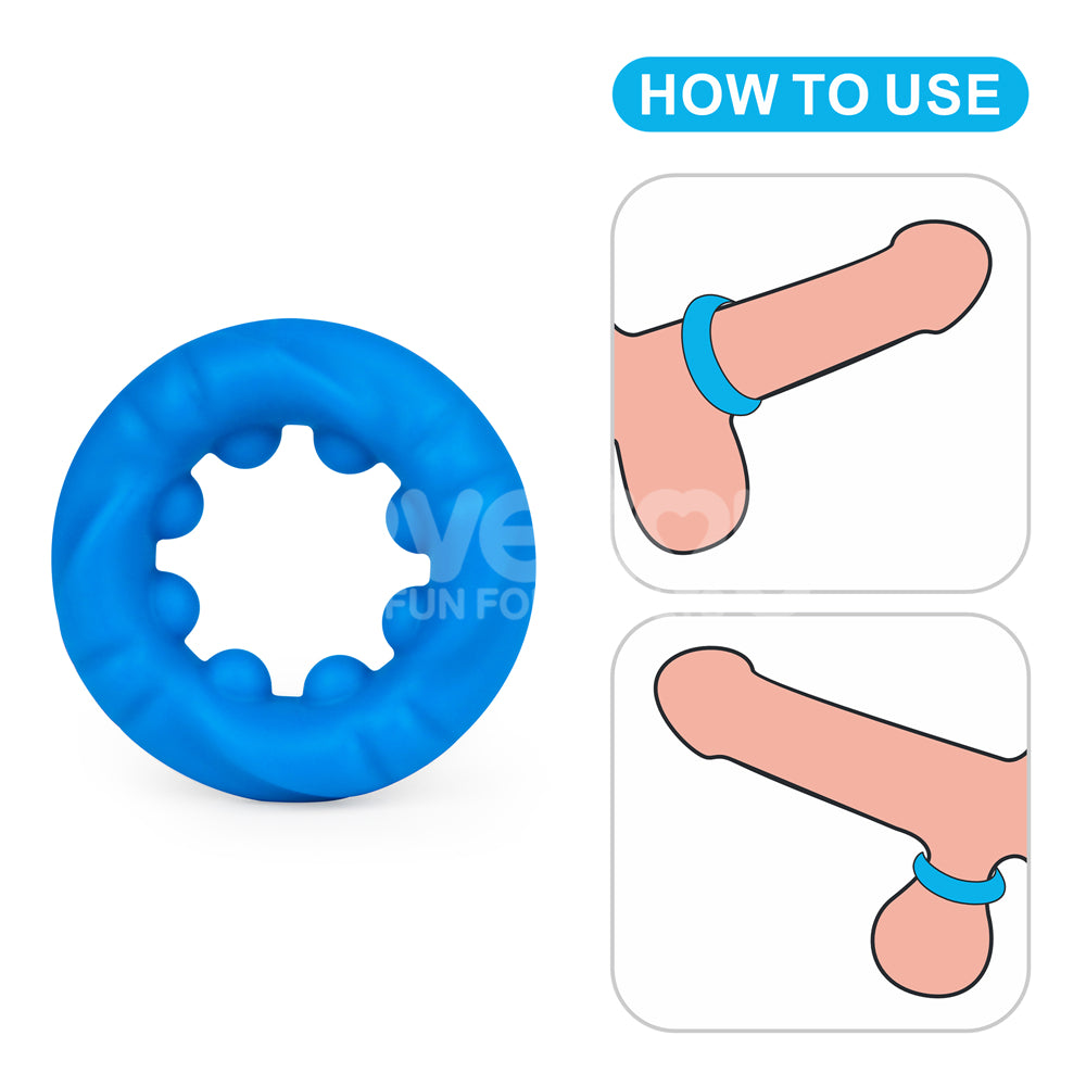 The Pinnacle Pro Ridge Bump Stretcher in blue silicone is displayed alongside a How to Use guide. The guide shows the ring at the base of an erect penis or surrounding the scrotum and base, enhancing stimulation with its unique textured design.