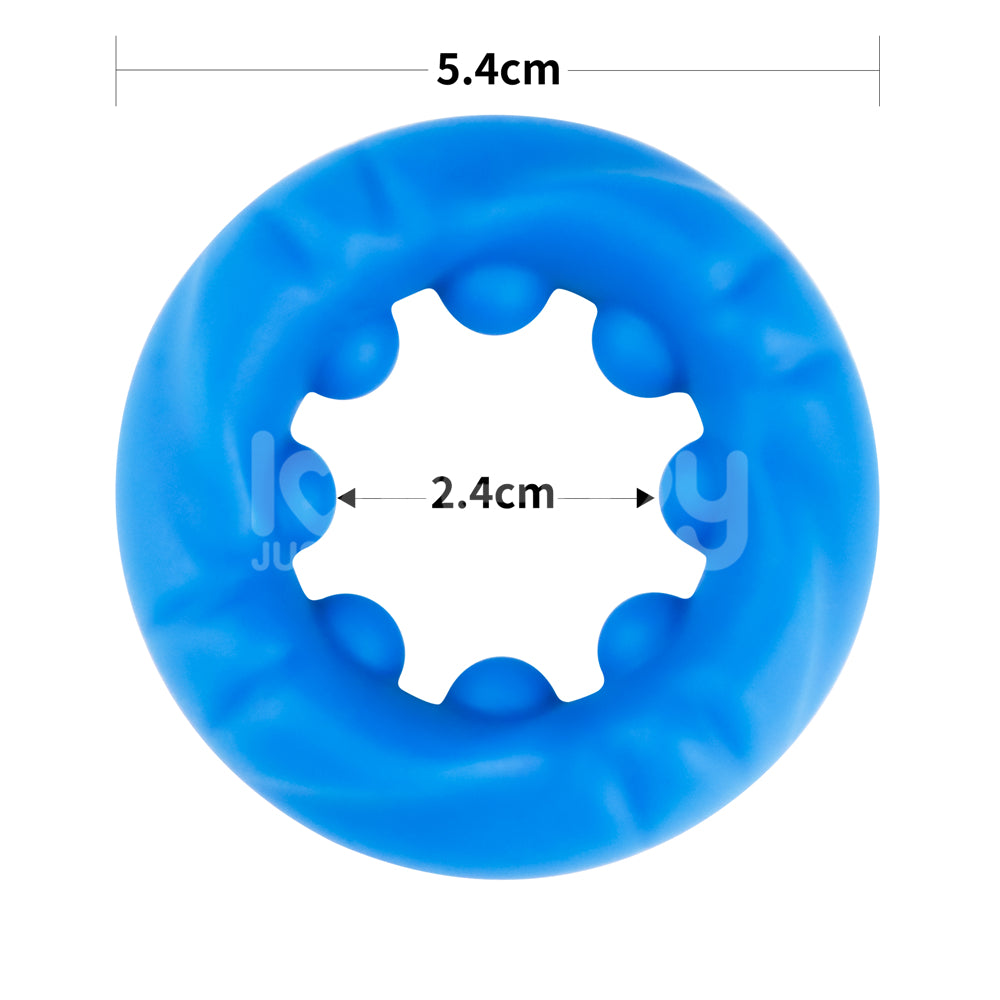 The Pinnacle Pro Ridge Bump Stretcher is a blue, circular cock ring crafted from premium silicone. It features a gear-shaped hole with an outer diameter of 5.4 cm and inner diameter of 2.4 cm, offering a textured and smooth surface for enhanced stimulation.