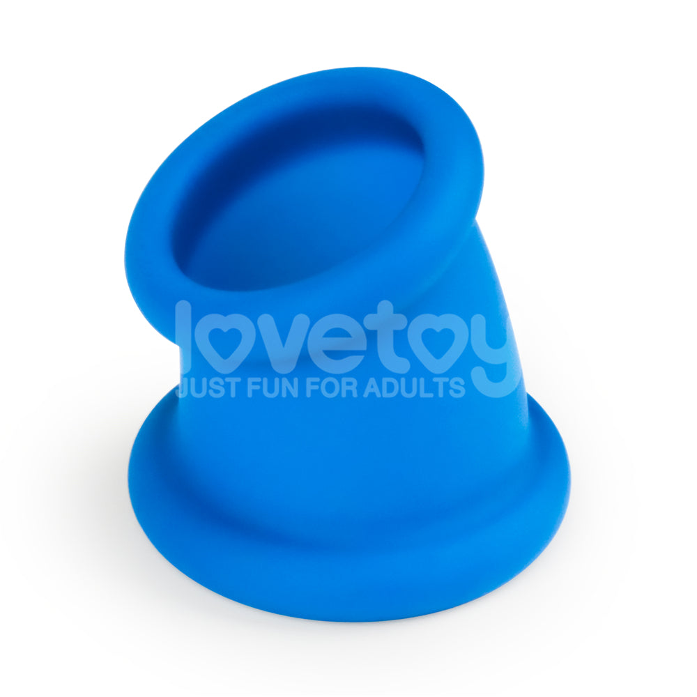 The Pinnacle Pro Tapered Squeeze in blue is a silicone sucking toy with rounded edges and a smooth finish. Its cylindrical, slightly angled design enhances comfort and doubles as a ball stretcher. LoveToy and Just Fun for Adults are printed in light white font across the middle.