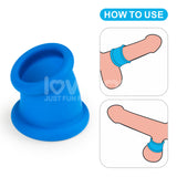 The Pinnacle Pro Tapered Squeeze - Blue Ball Stretcher comes with instructions. The left shows it upright; the right includes two illustrations: as a ball stretcher on an erect penis and positioned at the base, ideal for those exploring new dimensions of pleasure.