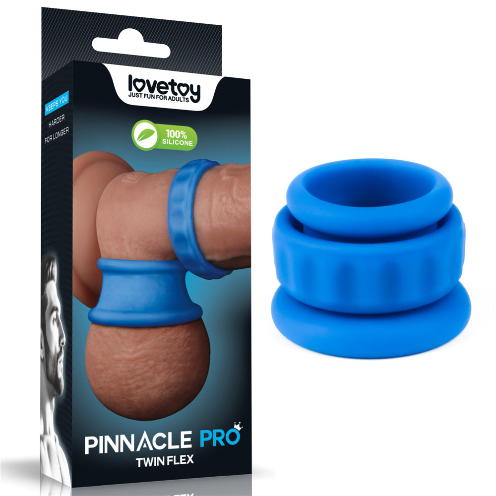 The image shows a Pinnacle Pro Twin Flex - Blue Cock & Balls Rings set on a realistic male model. The packaging highlights features like 100% ultra-flexible silicone, with the brand name Lovetoy prominently at the top.