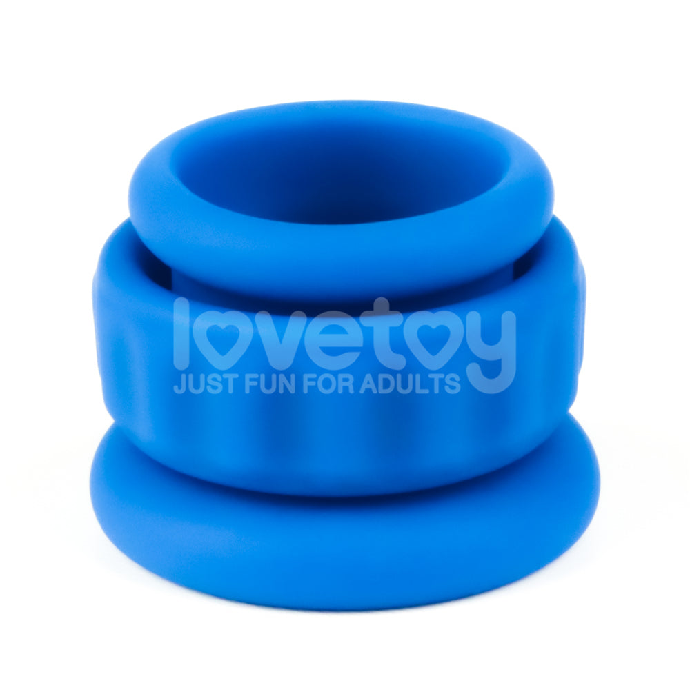 The Pinnacle Pro Twin Flex features blue, body-safe silicone rings with LOVETOY JUST FUN FOR ADULTS printed on one side. It includes three rings: two smooth and round and a thicker, textured middle ring. The rings are displayed vertically on a plain white background.