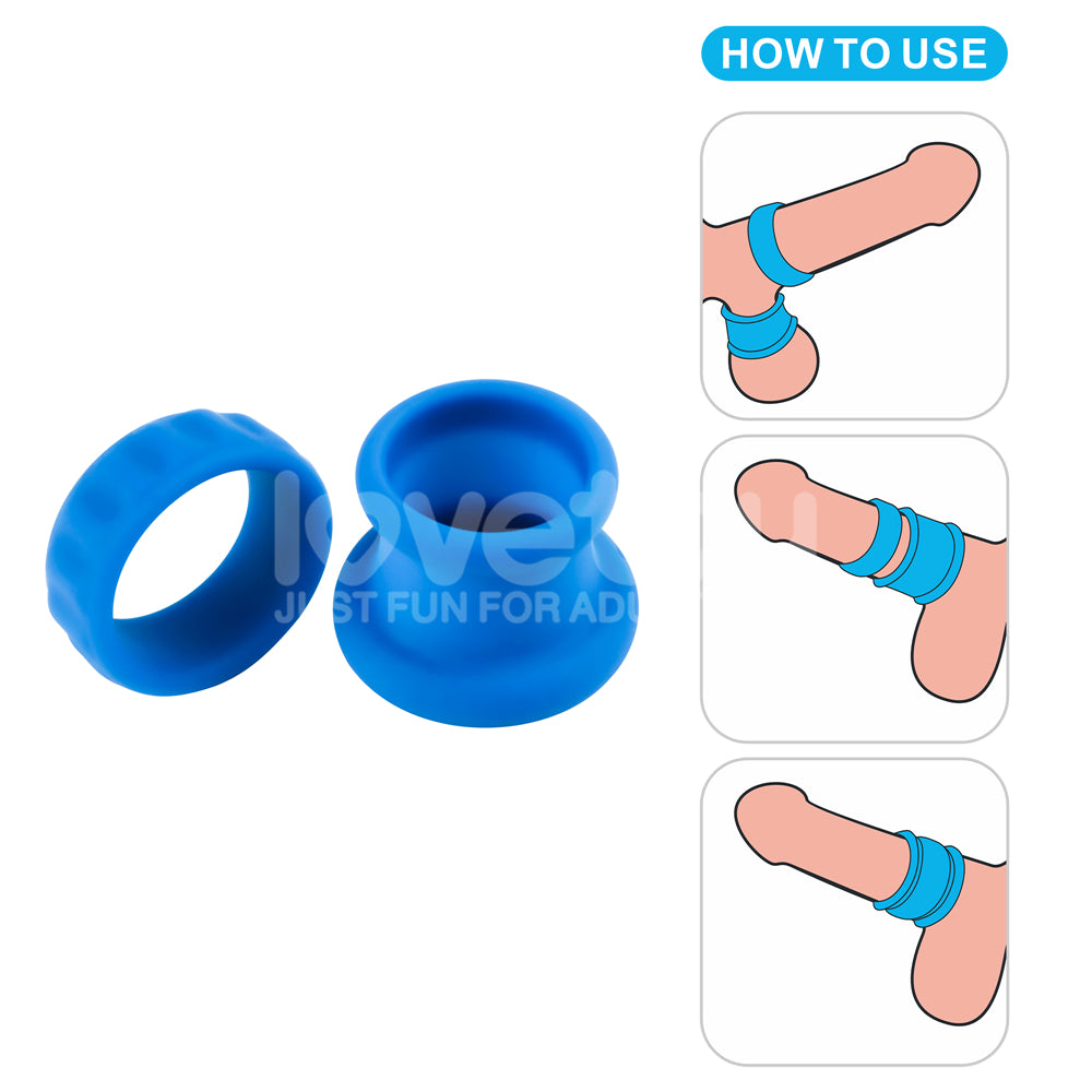 The Pinnacle Pro Twin Flex - Blue Cock & Balls Rings are shown. On the left, two rings appear: one textured and one double-looped. The right displays three illustrations of ring use—around the base and scrotum, around just the base, and both together—demonstrating their ultra-flexible silicone.