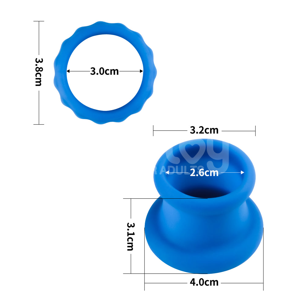 The Pinnacle Pro Twin Flex - Blue Cock & Balls Rings is crafted from body-safe, ultra-flexible silicone. It features a wavy outer and smooth inner design with top dimensions of 3.8 cm outer and 3.0 cm inner diameter, plus a side base of 4.0 cm and total height of 3.1 cm.