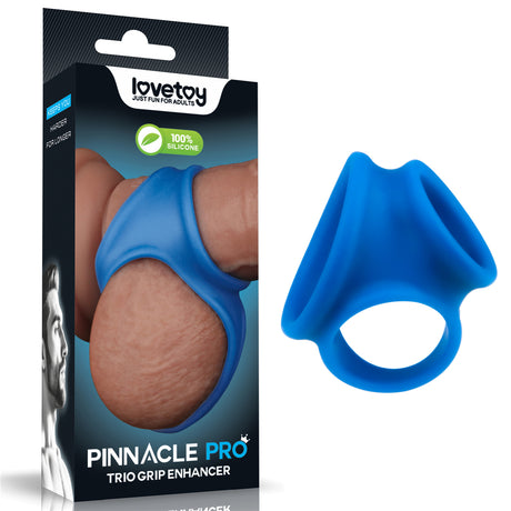 The packaging of the Pinnacle Pro Trio Grip Enhancer - Blue Cock & Balls Ring by Lovetoy highlights its superior silicone quality, featuring a photo of the blue ring on the male body, showcasing its triple-hole design for adult use, alongside a prominent display of the actual product.