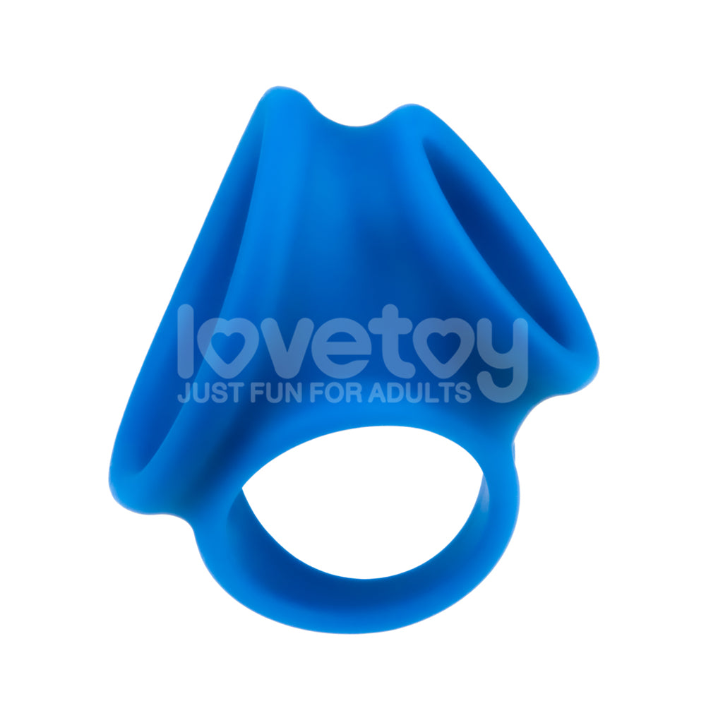 The Pinnacle Pro Trio Grip Enhancer in blue, a premium silicone cock & balls ring, is depicted against a white background with two conjoined loops and the lovetoy logo alongside the tagline Just Fun For Adults.