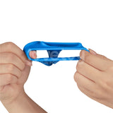 Hands stretching the Pinnacle Pro Trio Grip Enhancer - Blue Cock & Balls Ring against a white background. The superior silicone of the ring appears smooth and pliable, with fingers holding it on each end, showcasing its elasticity.