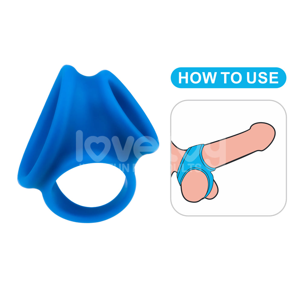 The Pinnacle Pro Trio Grip Enhancer, a blue silicone cock & balls ring with a triple-hole design, is displayed next to an illustration on usage. Made from premium silicone for adult use, it features love branding with a heart symbol. The white background includes a HOW TO USE label above the illustration.