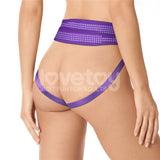 A person wears the Ingen Easy Strap-On Harness, showcasing its textured waistband and adjustable Velcro sides. Thin bands cross the hips on a white background, highlighting the vibrant purple color. Lovetoy just fun for adults is overlaid on the image.