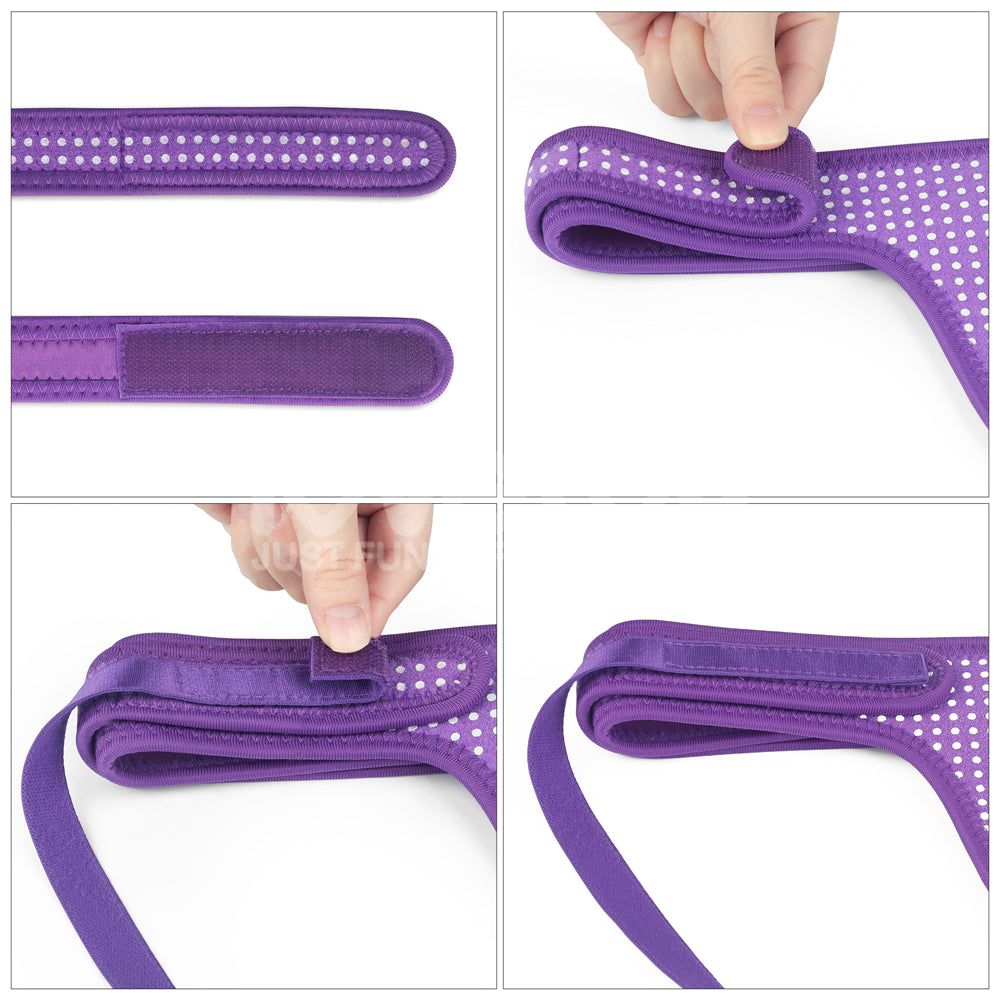 A collage of four images showcases the Ingen Easy Strap-On Harness with a purple adjustable strap. Featuring Velcro fasteners, perforations, and smooth edges, two images show a hand adjusting the Velcro while close-ups highlight the straps texture and design.