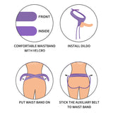 An instructional graphic for the Ingen Easy Strap-On Harness - Purple Adjustable Strap-On Harness shows a Comfortable Waistband with Adjustable Velcro Sides top left, installation schematic top right, and bottom illustrations for securing the harness comfortably. (No Probe Included).