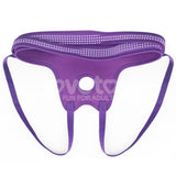 The Ingen Easy Strap-On Harness is a purple thong with front center circular cutout, elastic waistband embellished with small rhinestones for sparkle, and adjustable side straps for a minimalistic and stylish appearance.