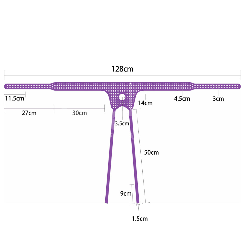 Diagram of the Ingen Easy Strap-On Harness, a purple T-shaped, adjustable Velcro harness for comfort. Horizontal section: 128 cm wide with segments of 11.5 cm, 27 cm, 30 cm, 4.5 cm, and 3 cm. Vertical section: 50 cm with segments of 14 cm, 3.5 cm, and 9 cm.