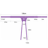 Diagram of the Ingen Easy Strap-On Harness, a purple T-shaped, adjustable Velcro harness for comfort. Horizontal section: 128 cm wide with segments of 11.5 cm, 27 cm, 30 cm, 4.5 cm, and 3 cm. Vertical section: 50 cm with segments of 14 cm, 3.5 cm, and 9 cm.