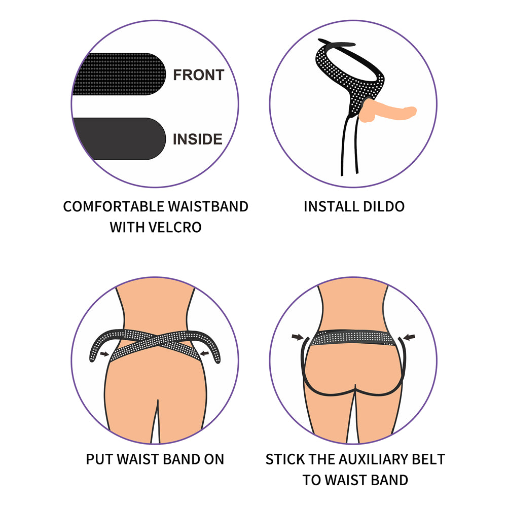 Instructional illustration for the Ingen Easy Strap-On Harness shows steps including attaching a dildo, wearing the Velcro waistband, placing stretchy webbing around the waist, and securing the auxiliary belt. Each diagram is labeled for clarity.