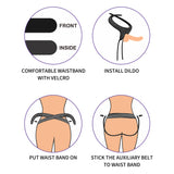 Instructional illustration for the Ingen Easy Strap-On Harness shows steps including attaching a dildo, wearing the Velcro waistband, placing stretchy webbing around the waist, and securing the auxiliary belt. Each diagram is labeled for clarity.