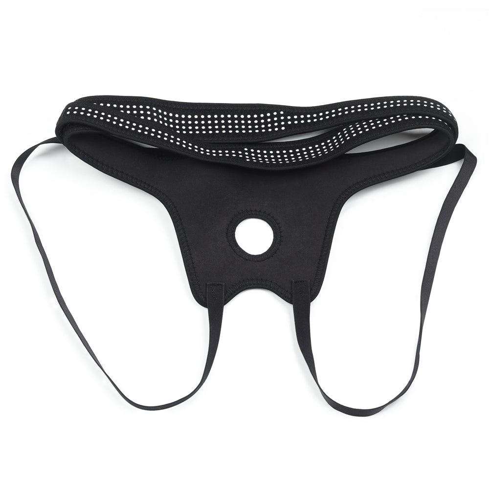 The Ingen Easy Strap-On Harness is a black, padded harness with an opening for a strap. It has stretchy webbing decorated with white polka dots along the top, two long side straps, and is set against a white background for style and durability.