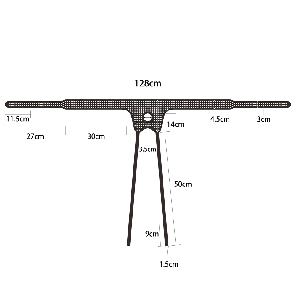 Illustration of the Ingen Easy Strap-On Harness, detailing its adjustable strap-on harness design. The horizontal section is 128 cm, segmented into lengths of 11.5 cm, 27 cm, 30 cm, 14 cm, 4.5 cm, and 3 cm; the vertical part is 50 cm long with a base width of 9 cm.