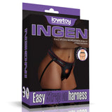 The Ingen Easy Strap-On Harness from Lovetoy features a black adjustable design with stretchable webbing. It is described as an Easy off, Easy on unisex harness, suitable for waist sizes 24-56, ensuring comfort for all. Note: Probe not included.