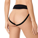 A person is shown from the back wearing the Ingen Easy Strap-On Harness in black. This high-waisted piece features red stitching and parallel side straps for a sleek fit. The plain white background highlights its allure, though no probe is included.