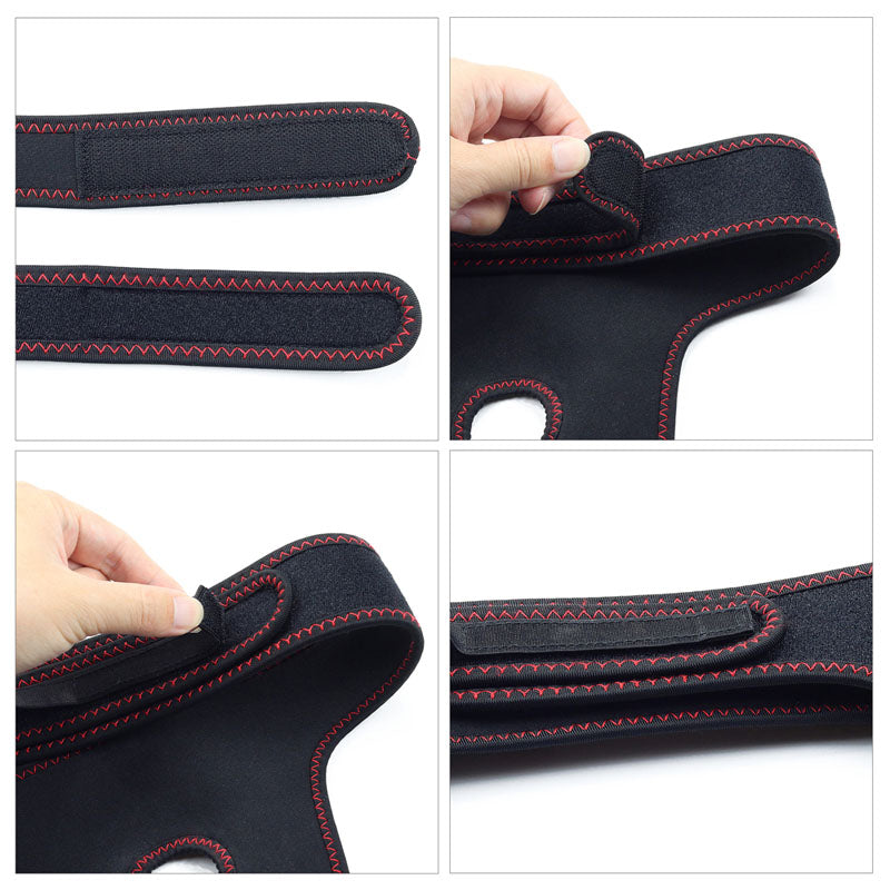 Collage of four images showcasing the Ingen Easy Strap-On Harness in black with red stitching. Top images highlight its adjustable Velcro strap-on harness, while bottom pictures show a hand adjusting the fit and another view of its flexible, comfortable design.