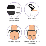 Illustration for Ingen Easy Strap-On Harness features: 1. Label showing smooth interior, rough exterior. 2. Diagram of dildo installation. 3. Comfortable waistband positioning on user. 4. Attaching stretchable webbing as an auxiliary belt for a secure fit.