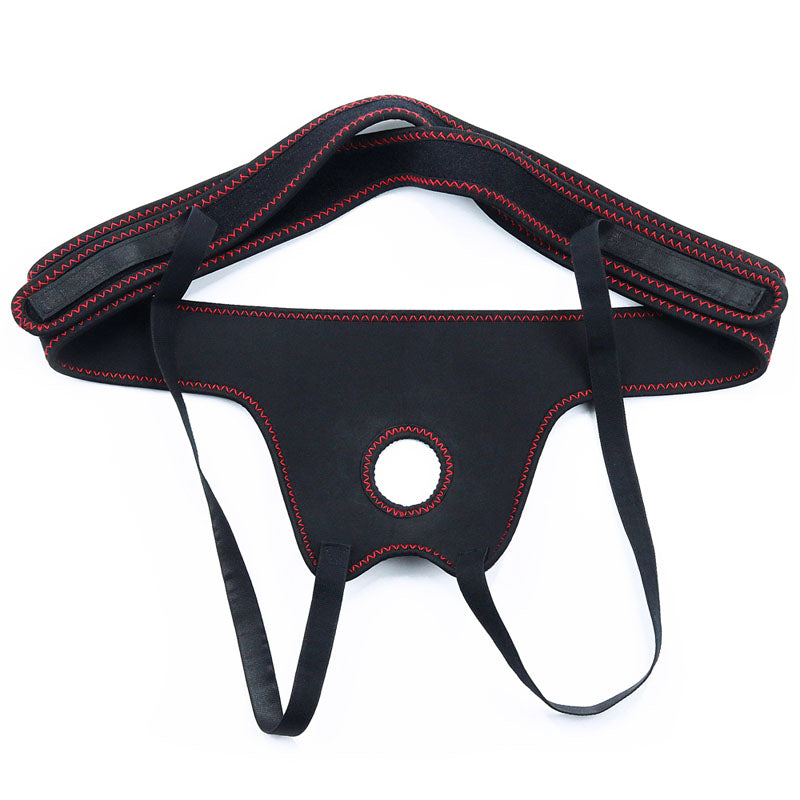 The Ingen Easy Strap-On Harness is a black harness with a wide waistband and red stitching, featuring a central circular opening. It includes adjustable side straps for secure fastening and stretchable webbing for smooth, flexible fabric and enhanced comfort. Note: No probe included.