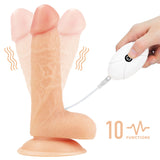 The Ingen Vibrating Easy Strap-On Set in flesh tone stands upright with a remote control. Displayed are vibrating motion lines and 10 Functions beside an icon. The 17.8 cm (7) strap-on features various textures and includes a suction cup for stability at the base.