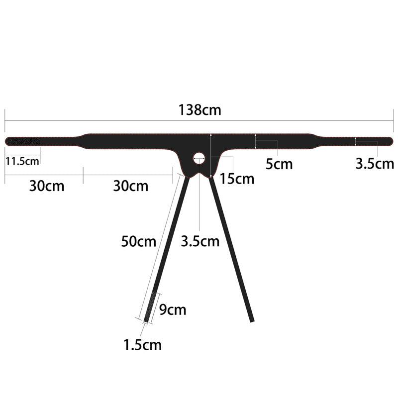 Diagram of the black T-shaped Ingen Vibrating Easy Strap-On Stand with total width 138 cm, central height 50 cm. Horizontal bar ends are 11.5 cm, narrowing like an adjustable harness. One leg is 9 cm wide and 1.5 cm thick; another is tilted right, measuring 3.5 cm wide.