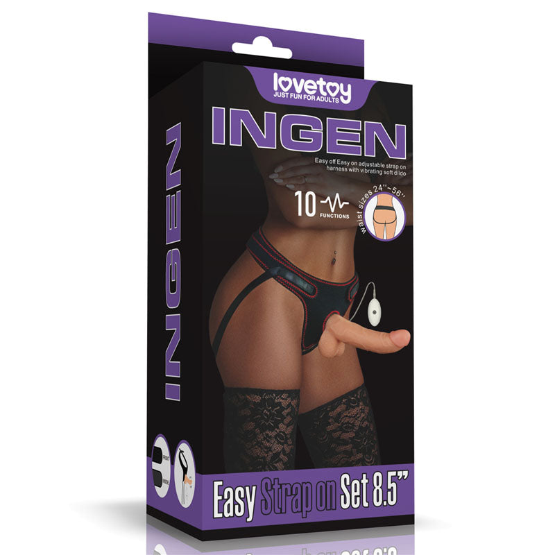 The packaging for the Ingen Vibrating Easy Strap-On Set displays an image of the realistic vibrating dildo, highlighting its 10 functions and adjustable harness amid a dark background with text emphasizing these features.