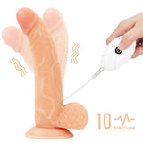 The Ingen Vibrating Easy Strap-On Set - Flesh 21.6 cm (8.5) is depicted next to a white remote control, with vibration lines illustrating its function as a vibrating strap-on dildo. A graphic displays 10 functions alongside a wave icon, highlighting its versatile settings and suction base.