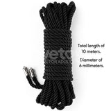 The Rebellion Reign Silky Bondage Rope features a premium polyester build with silver metal caps. It measures 10 meters long and 6 mm in diameter, boasting a dark hue that stands out against the white background.