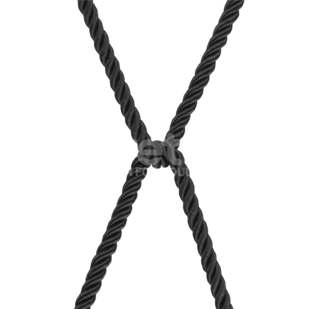 Two black Rebellion Reign Silky Bondage Ropes intricately intertwine to form an X against a white background. Their premium polyester material displays a silky texture and precision in coiling as they meet at the intersection.