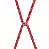 A red Rebellion Reign Silky Bondage Rope forms an X on a white background. The two ropes intersect, creating a striking symmetrical pattern, with the texture of premium polyester strands visibly showcasing their twisted elegance.