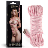 The Lovetoy Rebellion Reign Silky Bondage Rope in pink is showcased elegantly tied with a decorative pattern. A 10-metre length of silky rope, coiled neatly with metal tips, lies beside it, all set against the packagings stark black background emphasizing its luxurious design.