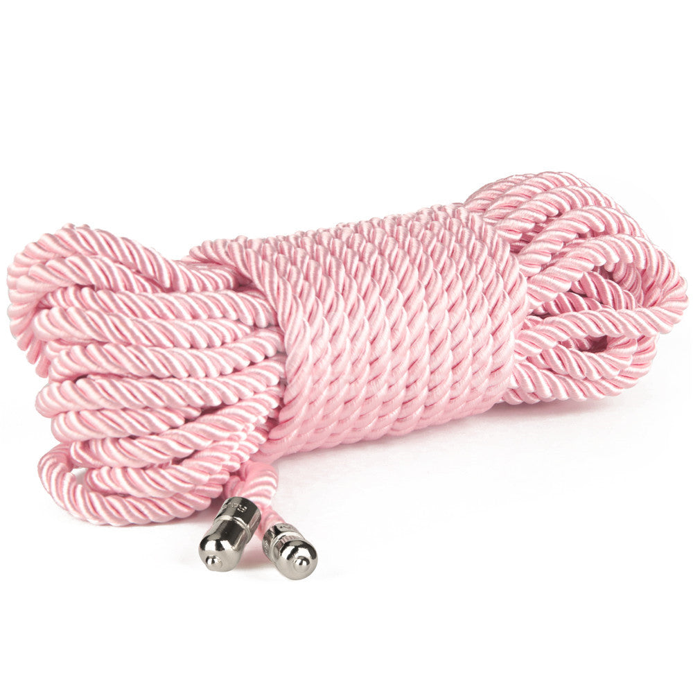 The Rebellion Reign Silky Bondage Rope in pink is a 10-metre coiled length with a silky finish, pink and white stripes, two metal ends, and neatly wrapped in the middle.