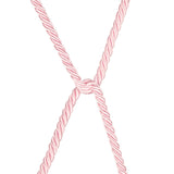 The Rebellion Reign Silky Bondage Rope in pink is arranged in an X shape on a white background, with its silky finish highlighting the woven texture and intricate design as it interlocks at the center.