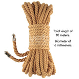 Rebellion Reign Bondage Rope, natural color, 10 meters long with a 6 mm diameter, is neatly coiled showcasing its texture against a white background.