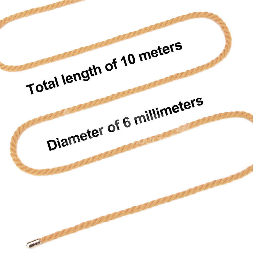 The image shows a beige Rebellion Reign Bondage Rope, featuring a metal end cap against a white backdrop. Text indicates 10 meters total length and 6 mm diameter, highlighting its sturdy design akin to the classic materials from Rebellion Reign collections.